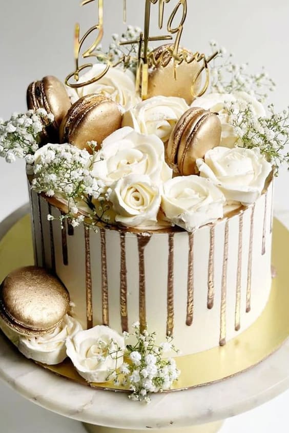 White Roses Floral Wedding Cakes with Macarons