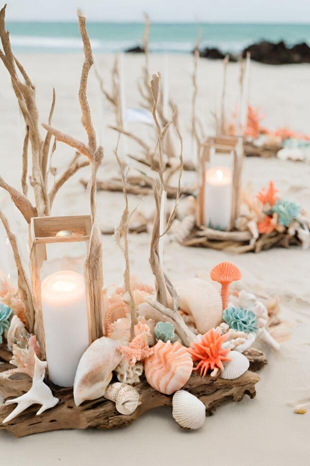 Beach wedding decoration with shells and candle