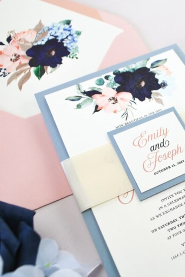 Blue and Mauve Floral Wedding Invitation