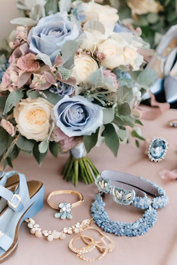 Blue and Mauve Wedding Accessories and Bouquet