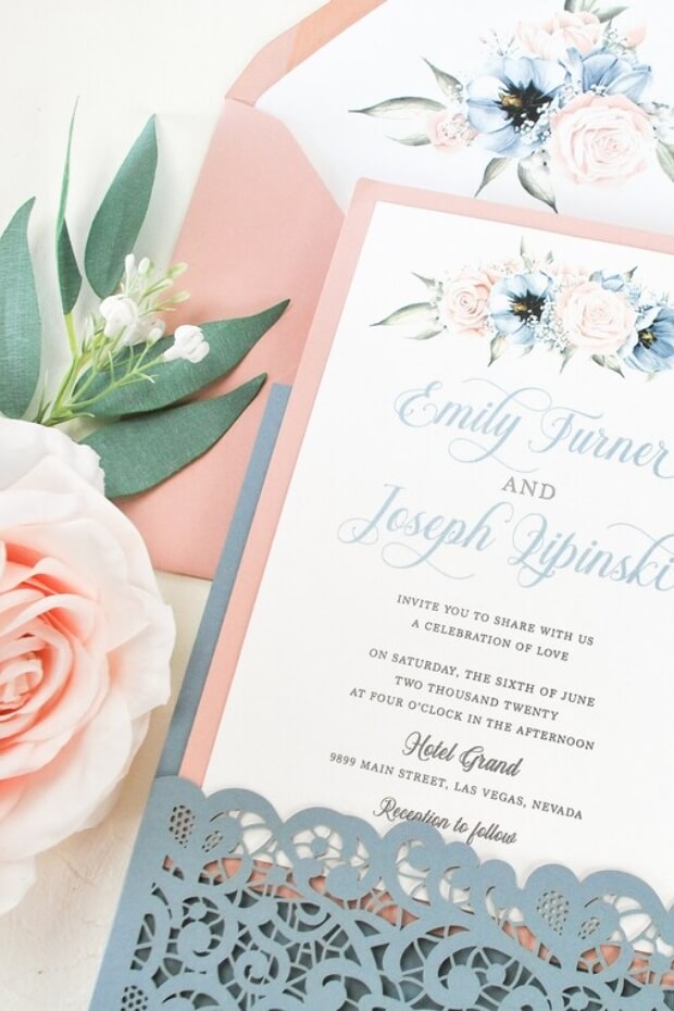 Blue and Pink Floral Wedding Invitation