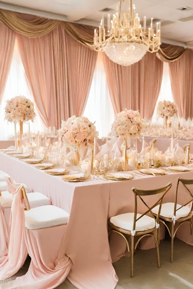 Decorated dining table with blush pink and gold theme and floral centerpiece
