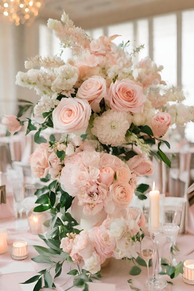 Wedding display with blush pink and gold centerpiece
