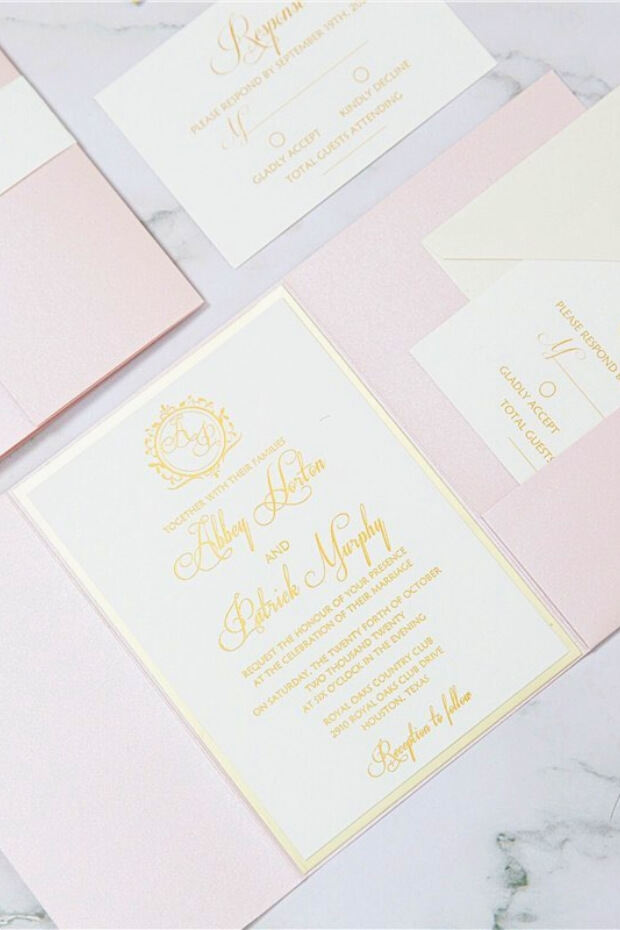 Beautifully designed blush pink and gold wedding invitation