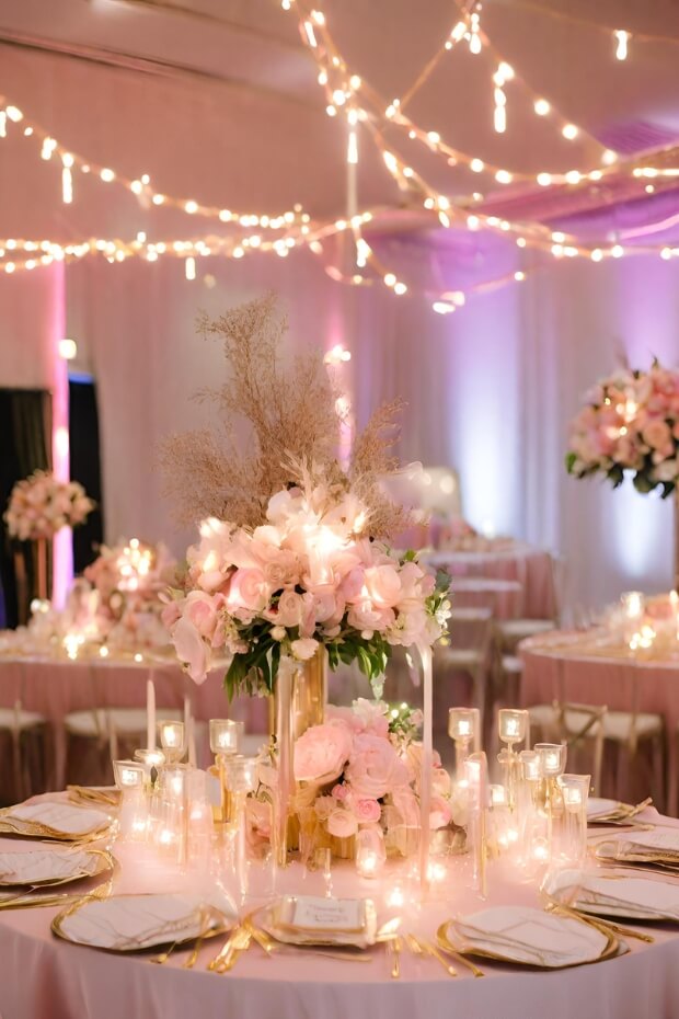 Elegant blush pink and gold wedding table setup with round table and centerpiece