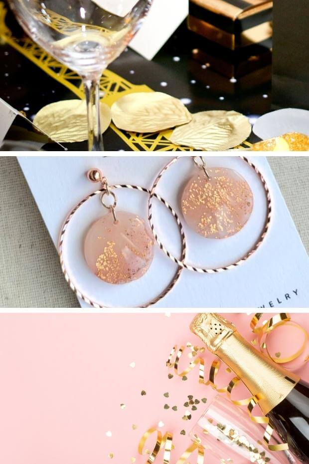 Blush pink and gold wedding theme with champagne glass, earrings, and cake