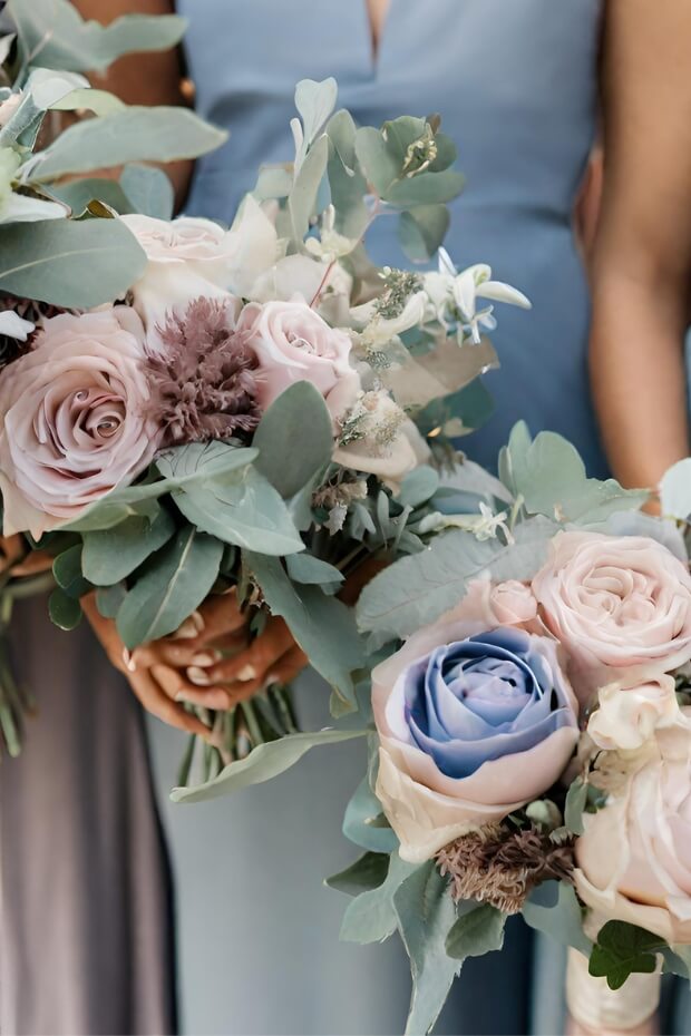 Bride with Bridesmaids' Purple and Blue Bouquets