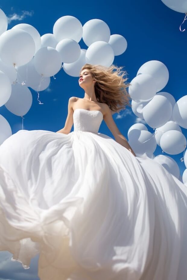 Bride in white dress with field of white balloons