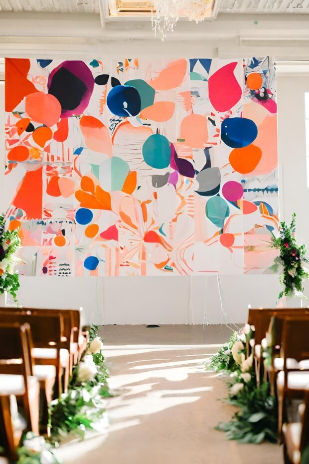 Colorful tree and flower painting wedding backdrop