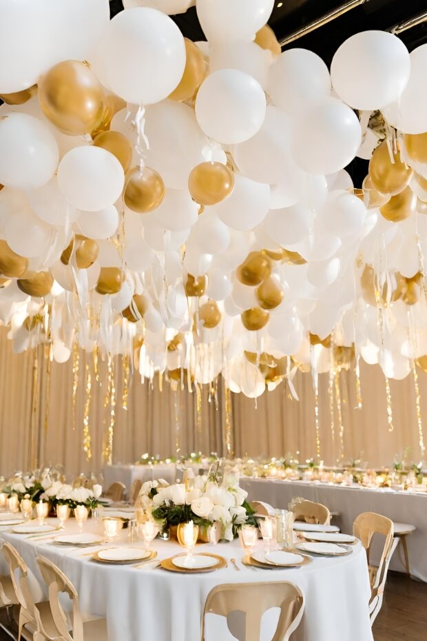 Beautifully decorated wedding reception in white and gold