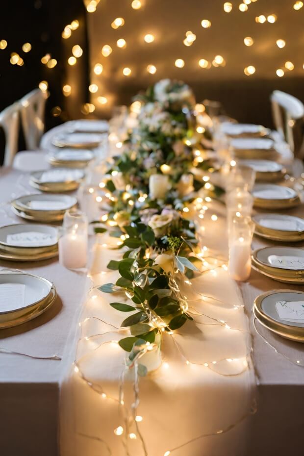 Dining table with fairy light runner