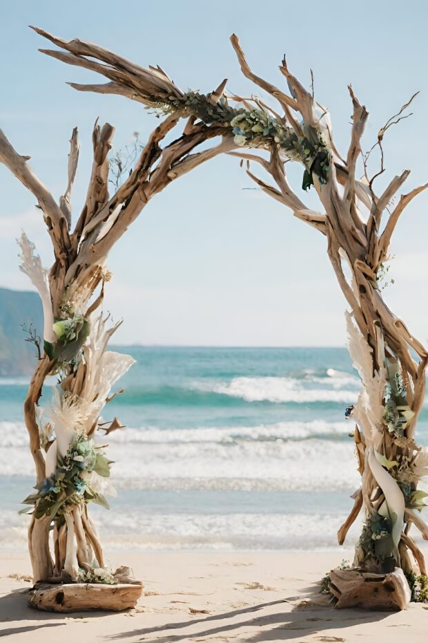 Driftwood wedding arch on beach with greenery and flowers