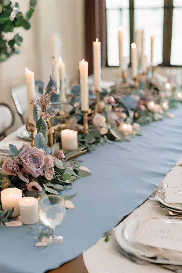 Dusty Blue and Mauve Wedding Reception Table Setting
