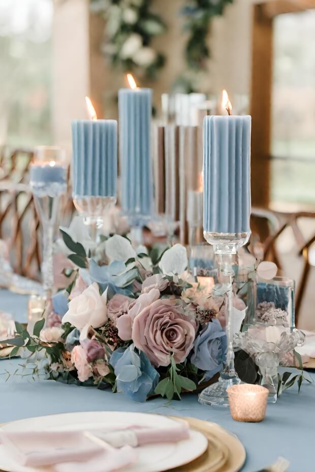 Elegant Blue and Mauve Wedding Table Setting