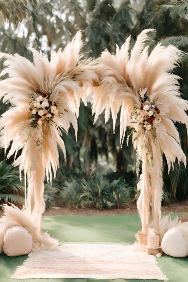 Wedding arch with feathery grasses and blush peach flowers
