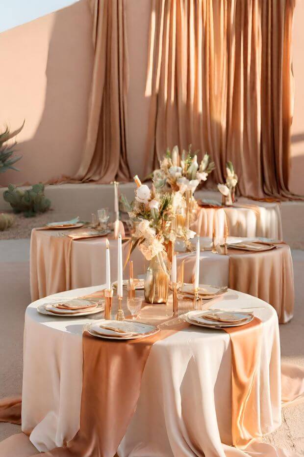 Metallic runner with blush pink linens and gold place settings, adorned with a centerpiece of greenery and a gold candle