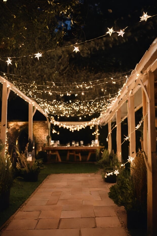 Outdoor setting with fairy lights