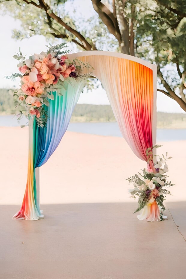 Rainbow drape adorned wedding arch with floral arrangements