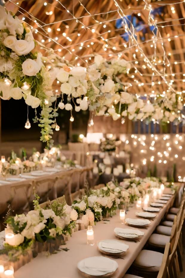 Romantic wedding decor with ceiling lights