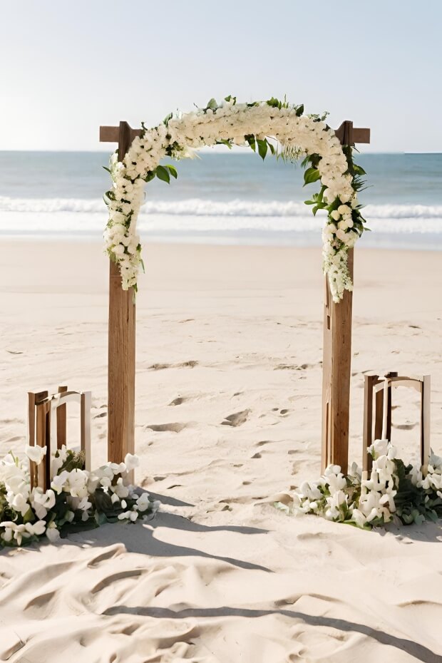 Sandy beach wedding arch with wooden poles and greenery