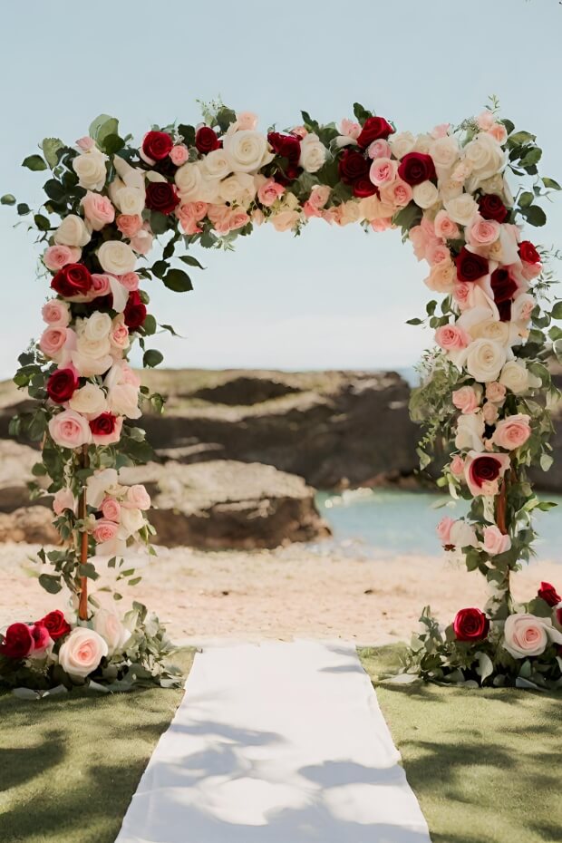 Serene beach wedding arch with red and white flowers