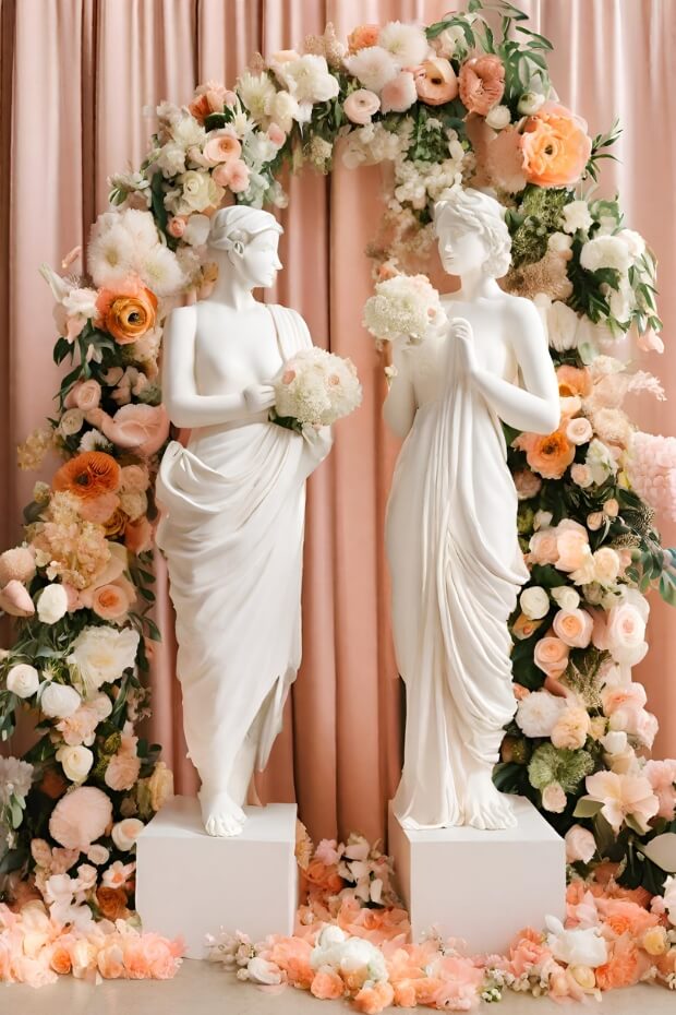 Statues and floral arch wedding backdrop