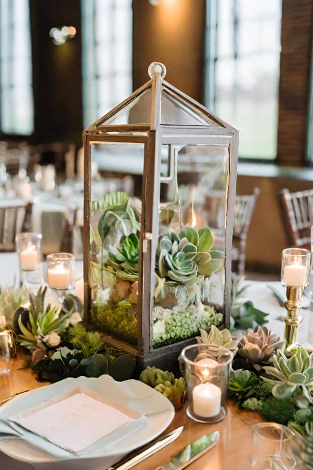 Succulent-filled wooden cage wedding decoration