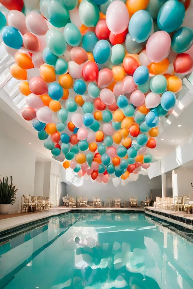 Swimming pool filled with colorful floating balloons