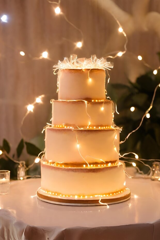 Tiered wedding cake with fairy lights