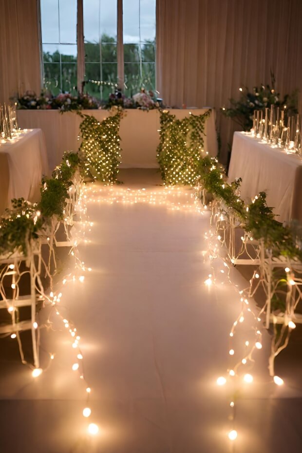 Wedding aisle with romantic fairy lights