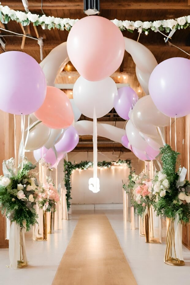 Wedding decoration with colorful balloons along the aisle