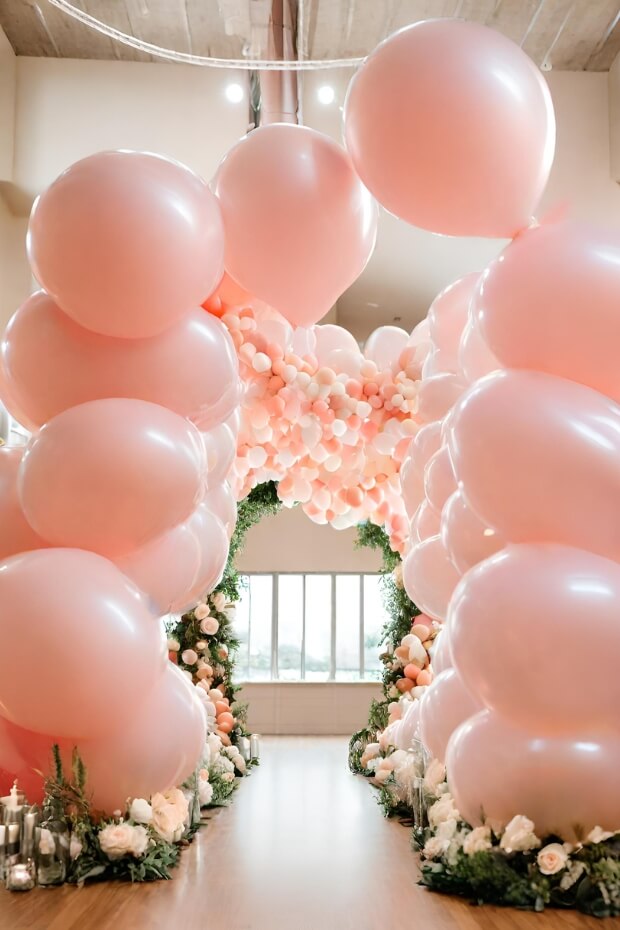 Wedding decoration with pink and white balloon archway