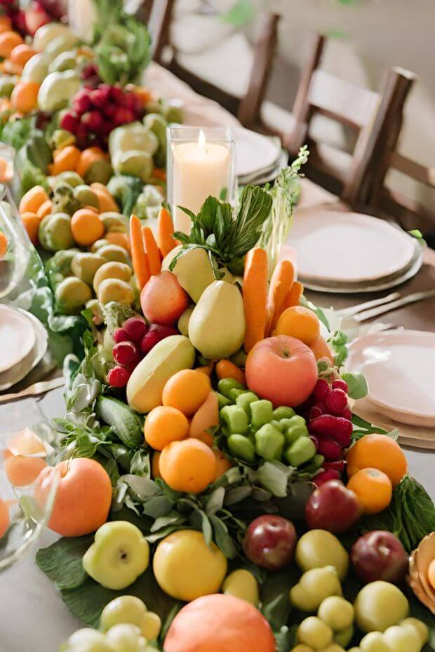 Wedding dining table with fruits and vegetables