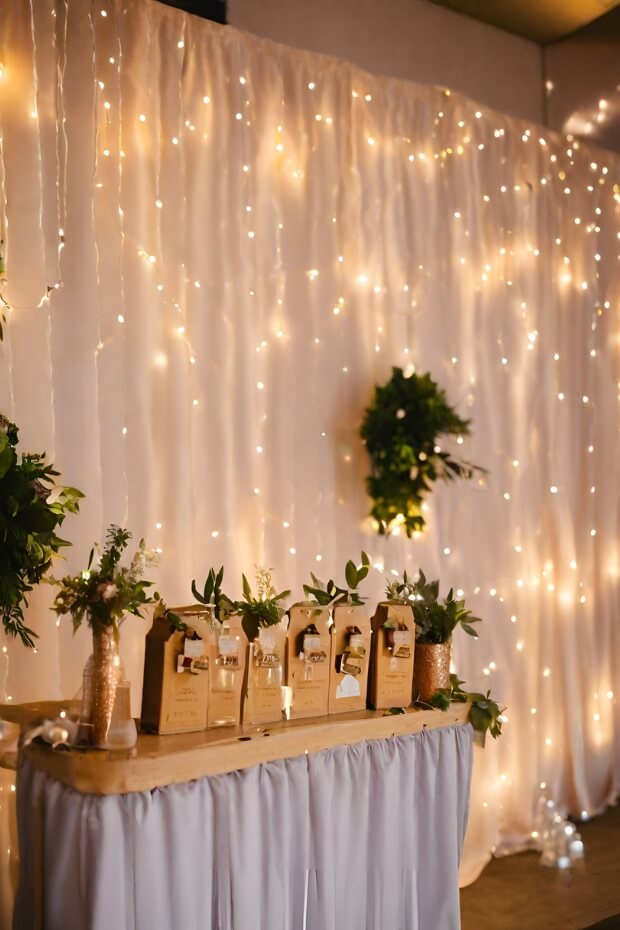Wedding reception backdrop with fairy lights