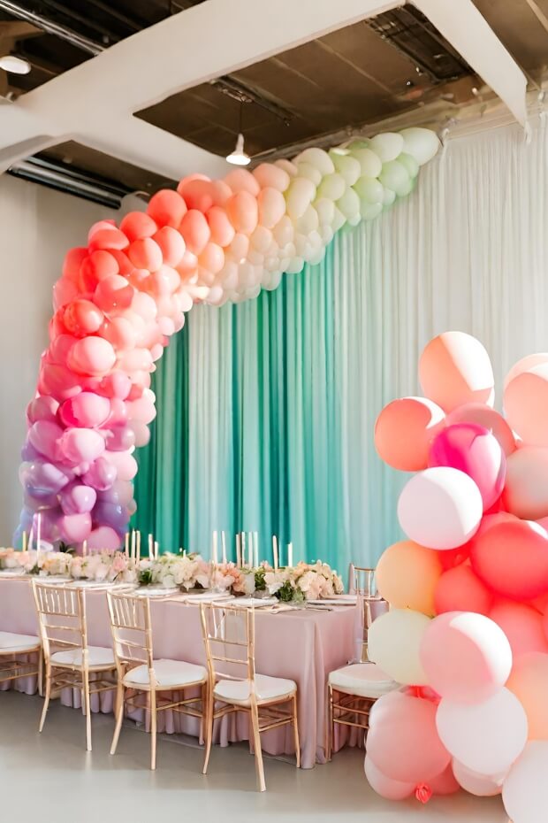 Wedding reception with colorful balloon arch centerpiece