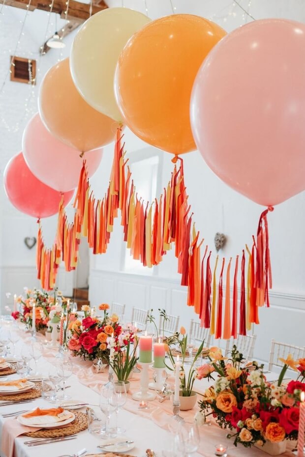 Wedding reception with creatively arranged colorful balloons