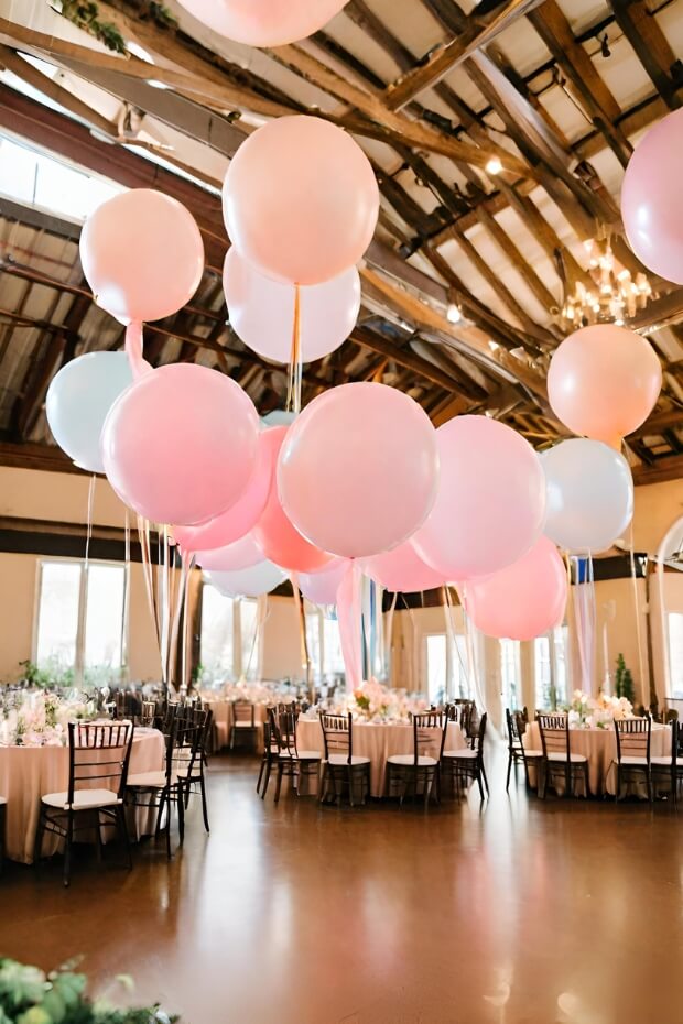 Wedding reception with pink, blue, and white balloons