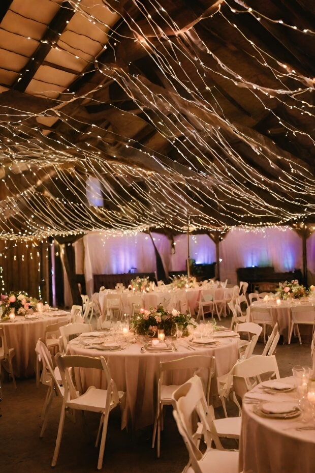 Wedding reception with string lights