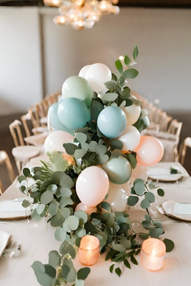 Wedding reception table with blue and white balloon centerpiece