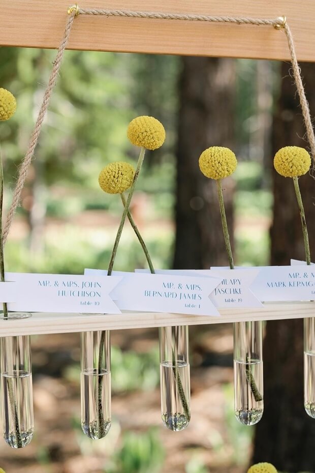 Wedding seating chart with glass vases and yellow flowers