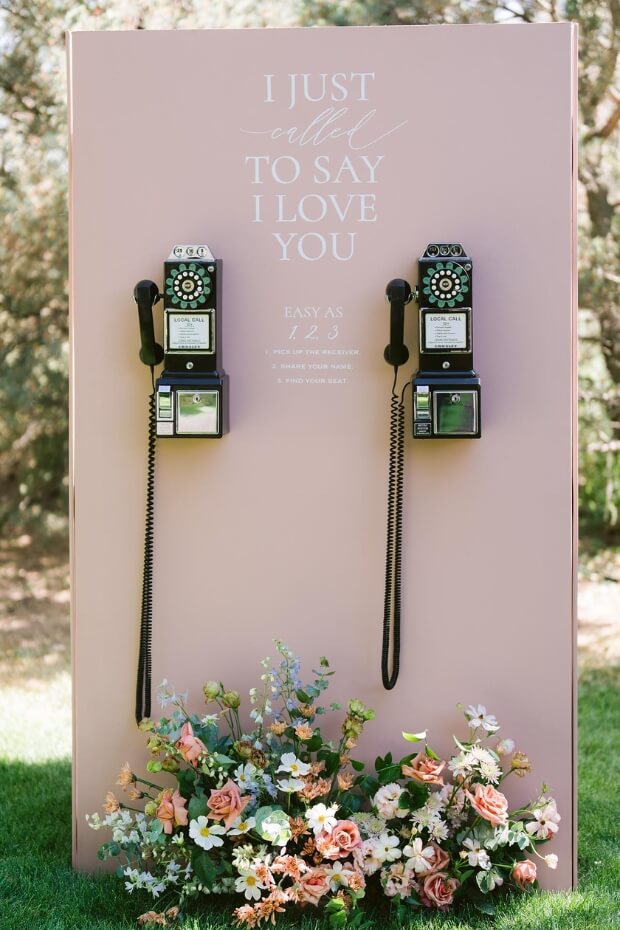Wedding seating chart with telephone booths and flowers