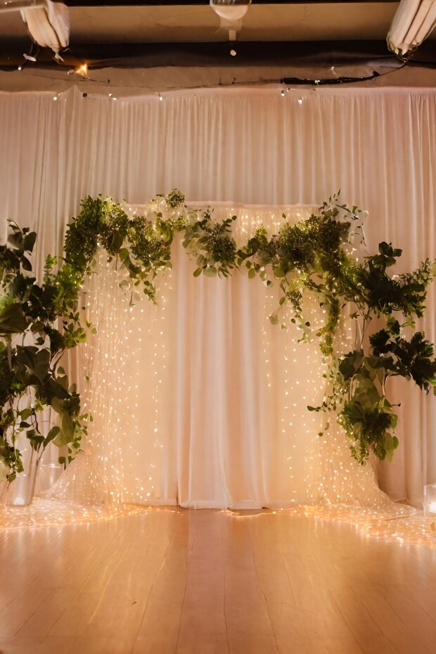 Wedding stage with green archway and lights