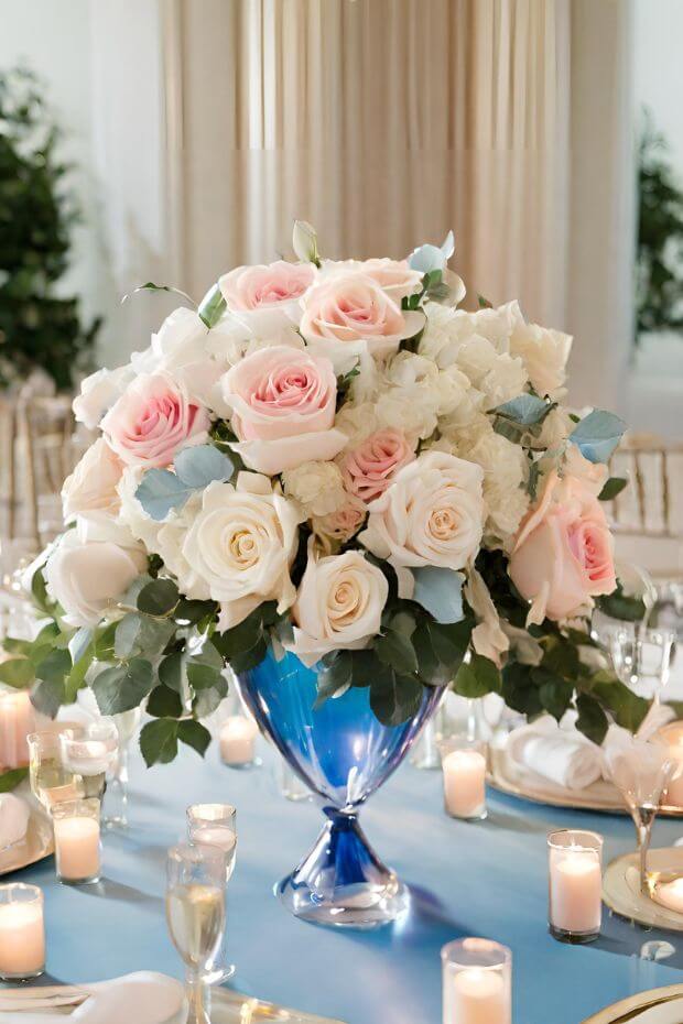 Blue vase centerpiece with white and pink flowers on water