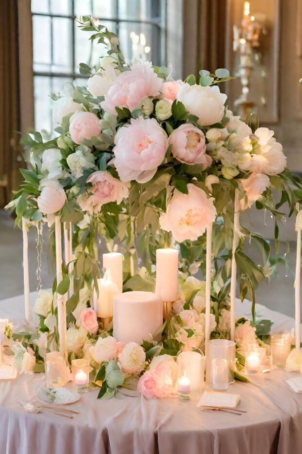 Tall vase centerpiece with lush greenery and white peonies, surrounded by candles
