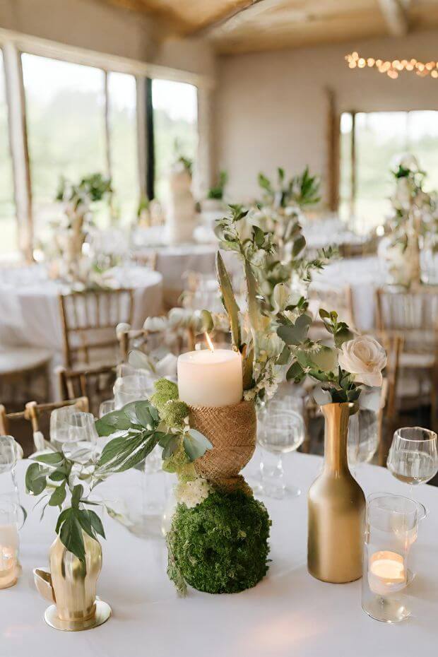 White and gold wedding reception decoration