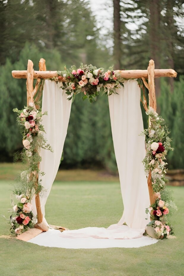 Wooden log wedding arch with lush greenery and flowers