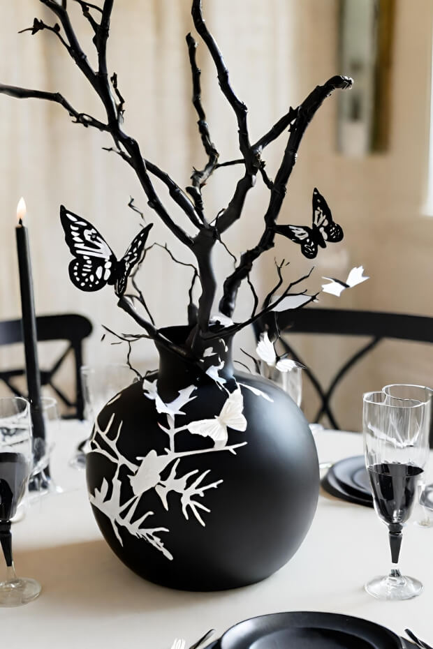 Black vase with white butterflies and branches