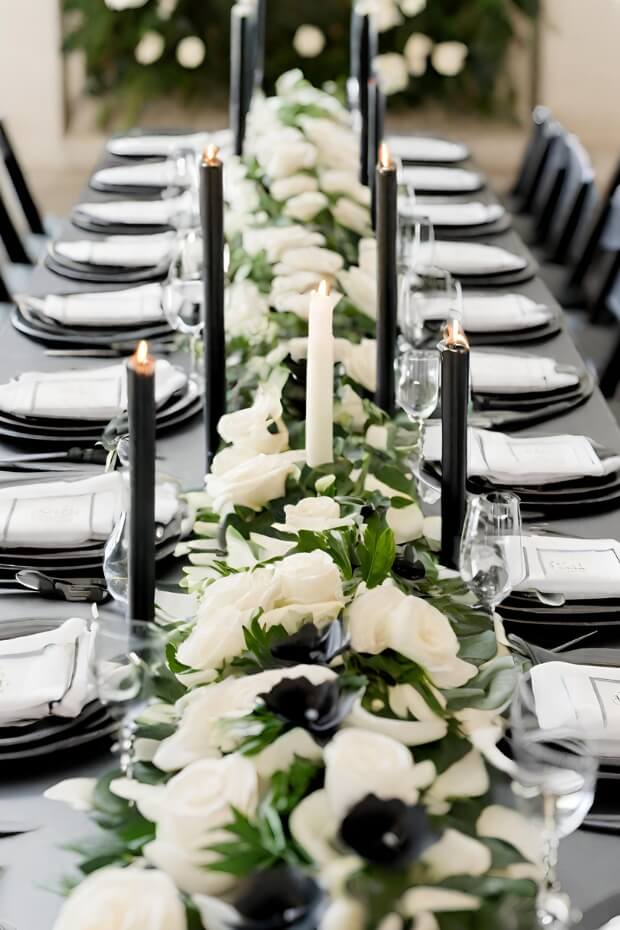 Elegant black and white centerpiece with candles