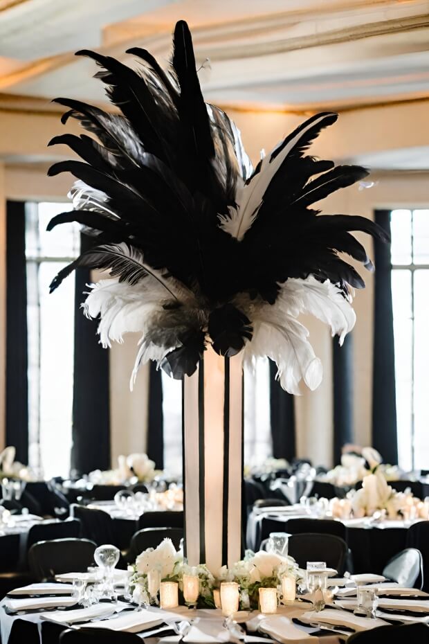 Elegant black and white centerpiece with feathers