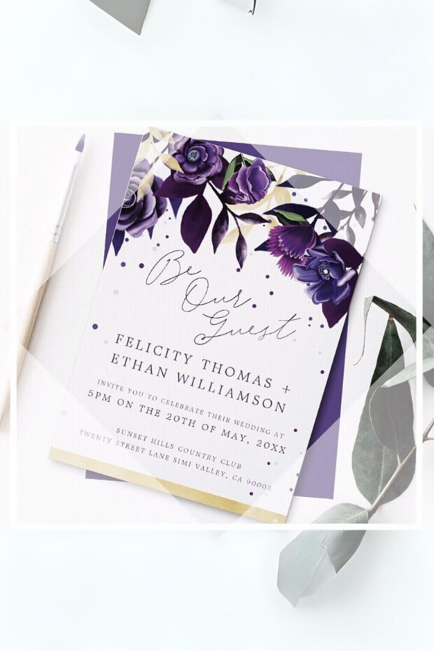 Luxurious purple and gold wedding invitation featuring floral pattern